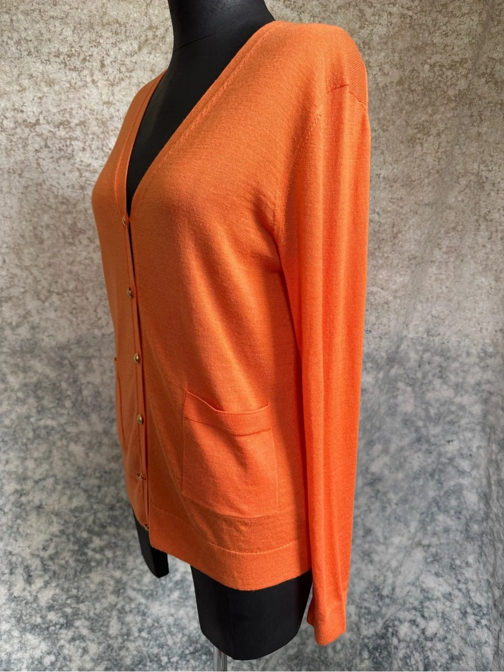 St. John Orange Wool & Silk V Neck Cardigan - Small